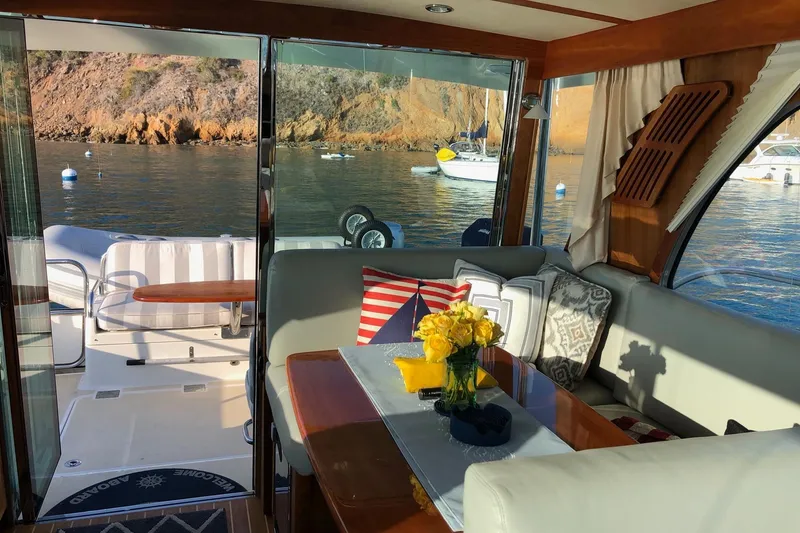 Interior of 2016 Sabre 38 Salon Express yacht with scenic ocean view.