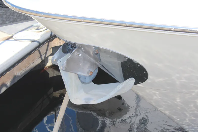 1996 Trojan 440 Express boat anchor detail at dockside.