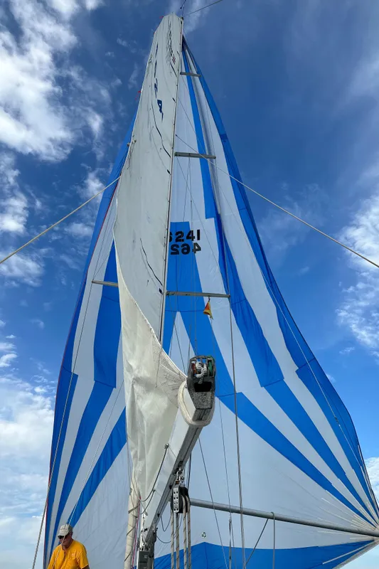 1985 C&C 41 sailboat with blue and white sails against a blue sky.