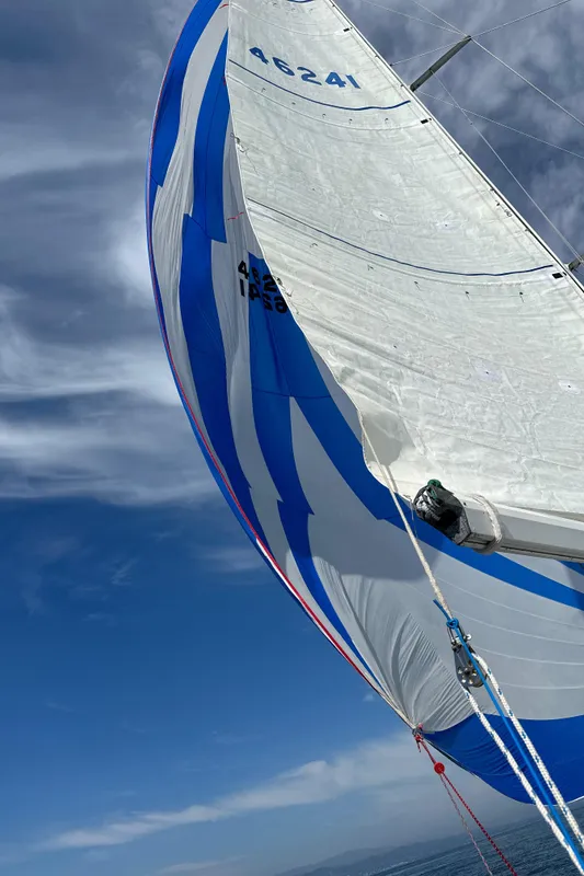 1985 C&C 41 sailboat with blue and white sail on open sea.