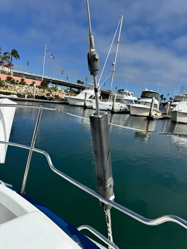 1985 C&C 41 sailboat in harbor, close-up of bow.