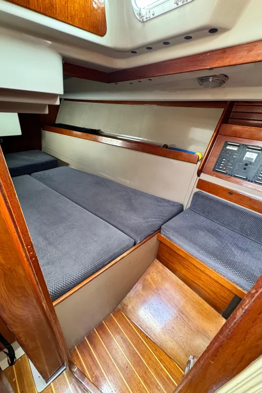 Interior of a 1985 C&C 41 yacht with wooden finish.