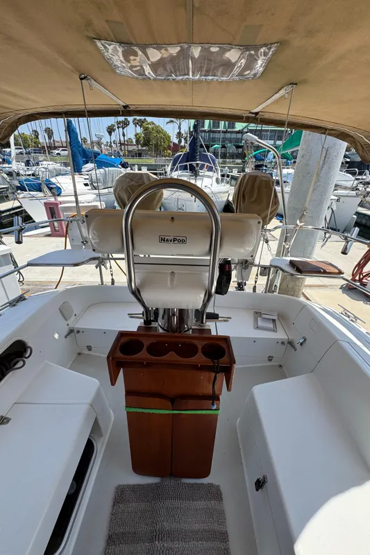Cockpit of 1998 Catalina 36 MkII sailboat with NavPod and marina view.