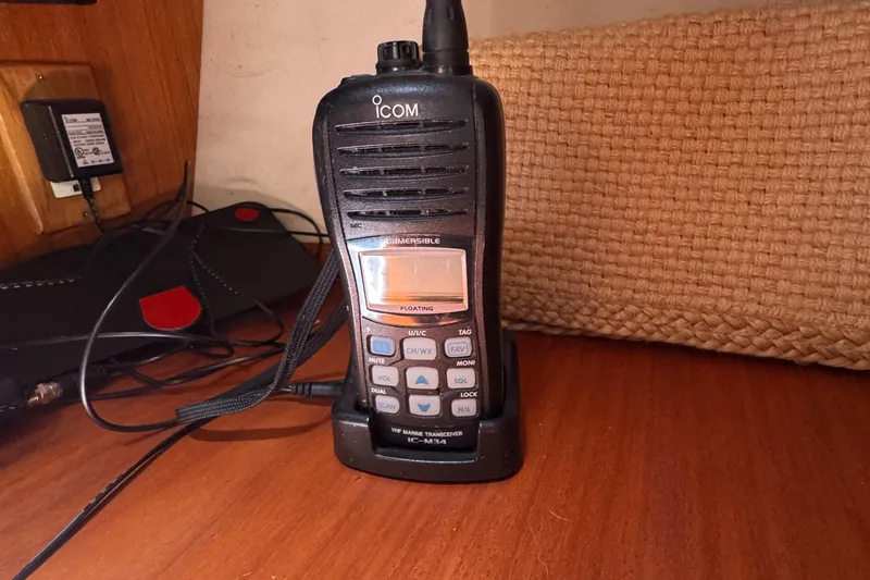 Icom marine radio on wooden surface, Catalina 36 MkII, 1998 model.