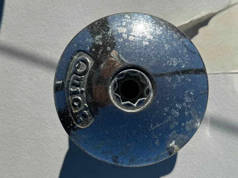 Close-up of a weathered metal fitting on a 1992 Hunter 35 sailboat.