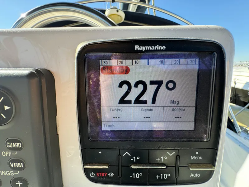 Raymarine navigation display showing 227 degrees on a 1992 Hunter 35 sailboat.