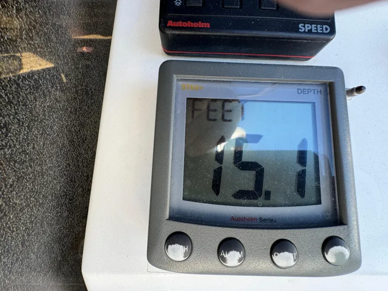 Depth gauge displaying 15.1 feet on a 1992 Hunter 35 sailboat.