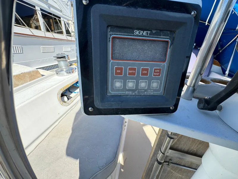 Catalina 34 sailboat cockpit with Signet marine instrument panel, 1987 model.