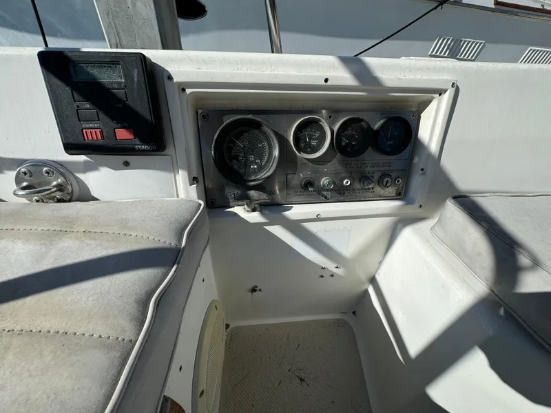 Control panel of a 1987 Catalina 34 sailboat cockpit.