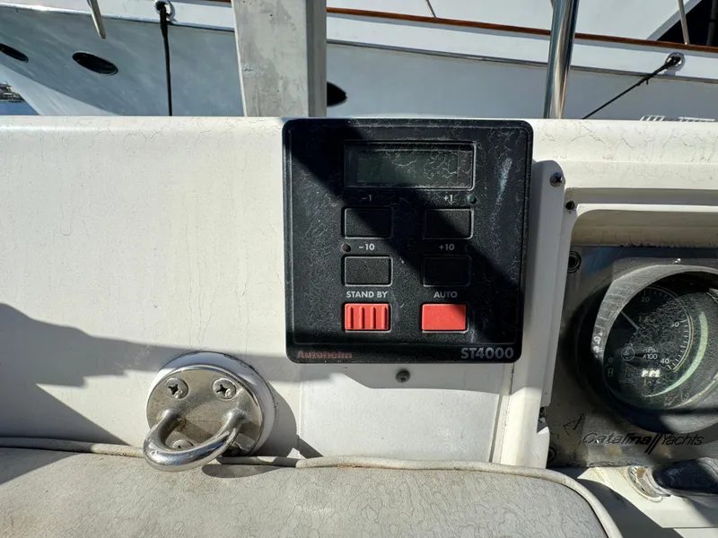 Control panel on a 1987 Catalina 34 sailboat cockpit.