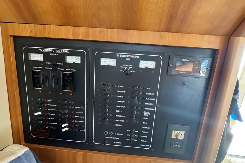Electrical control panel on a 2006 Mainship 34 Trawler boat.