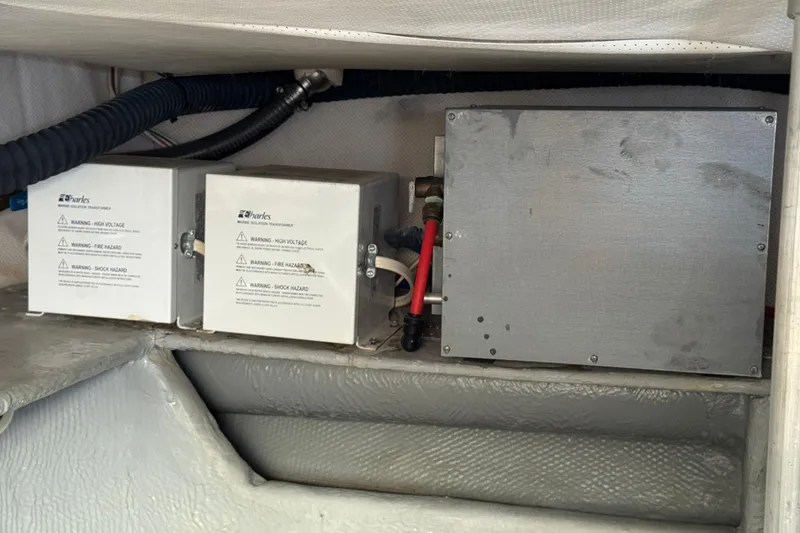 Electrical components in a 2006 Mainship 34 Trawler engine compartment.