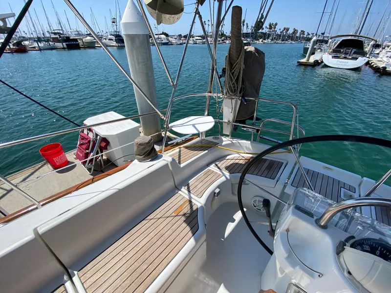 Beneteau 423 sailboat cockpit, docked at marina, 2003 model.