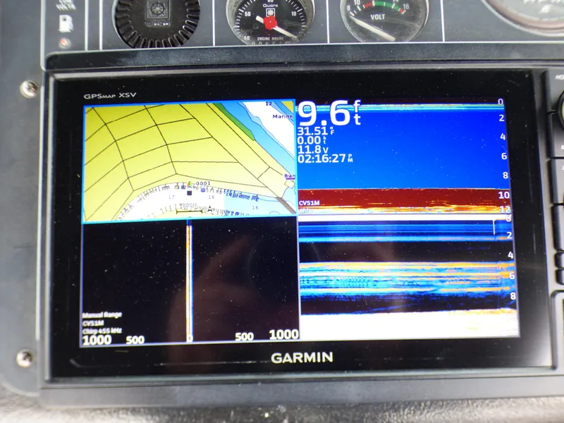 Garmin GPS display on 1989 Tiara Yachts 3300, showing navigation and depth information.