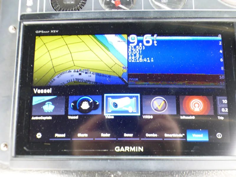 Garmin GPS display on 1989 Tiara Yachts 3300, showing navigation and sonar data.