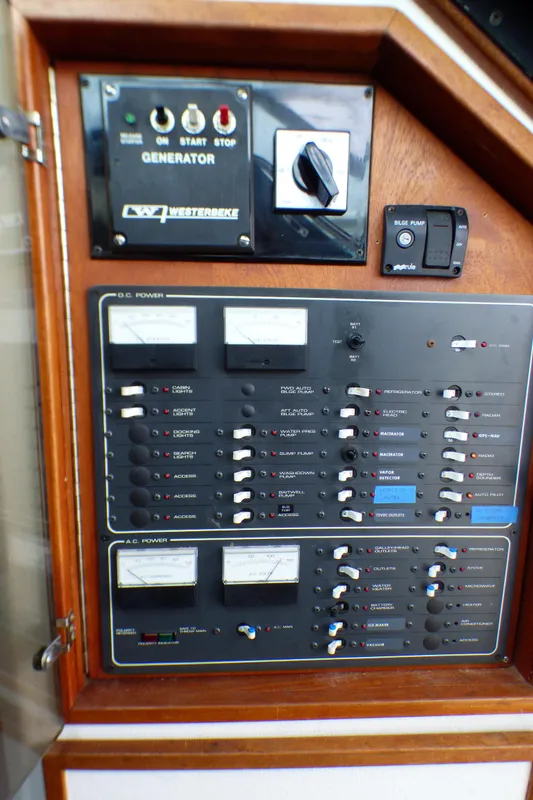 Electrical control panel on a 1989 Tiara Yachts 3300 boat.