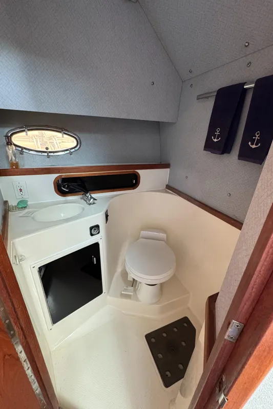 1989 Tiara Yachts 3300 bathroom with sink, toilet, and nautical-themed towels.