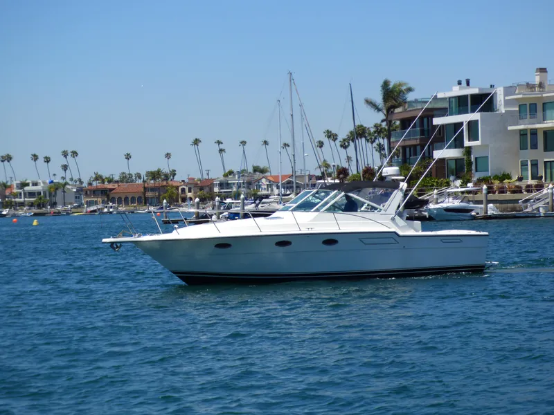 1989 Tiara Yachts 3300 cruising in a marina with palm trees and modern buildings.