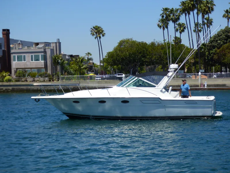 1989 Tiara Yachts 3300 cruising on a sunny day near palm-lined waterfront.