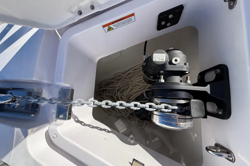 Anchor chain and winch system on 2022 Axopar 28 AFT CABIN boat.