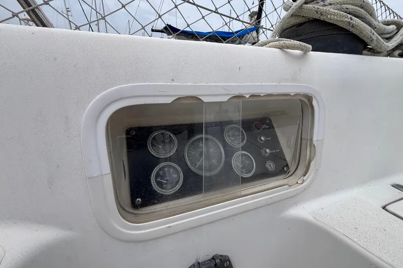 Instrument panel on a 1979 Islander Peterson 40 sailboat cockpit.