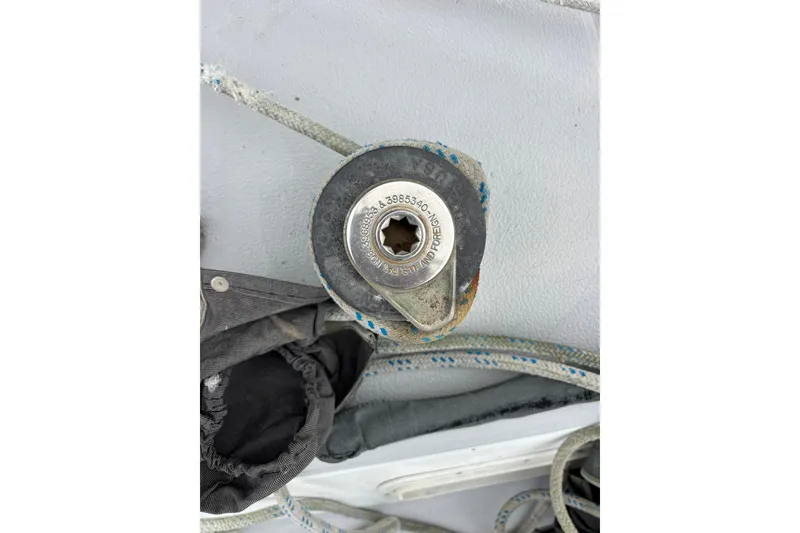 Close-up of a winch on a 1979 Islander Peterson 40 sailboat deck.