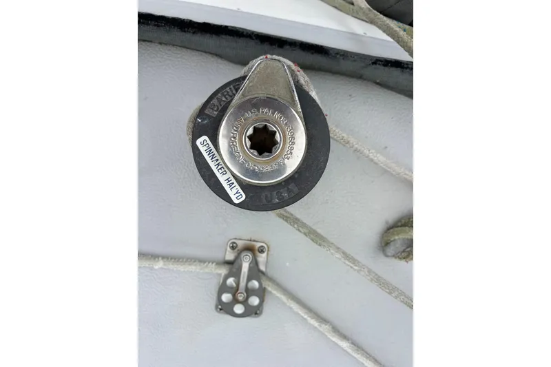 Winch labeled "Spinnaker Halyard" on 1979 Islander Peterson 40 sailboat deck.