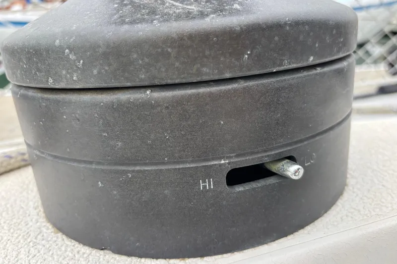 Close-up of a 1979 Islander Peterson 40 boat component with HI-LO adjustment.