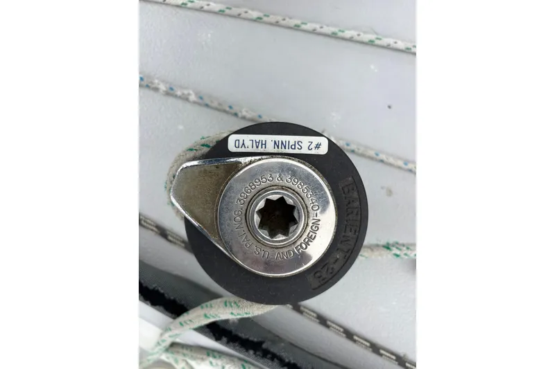 Close-up of a winch on a 1979 Islander Peterson 40 sailboat.