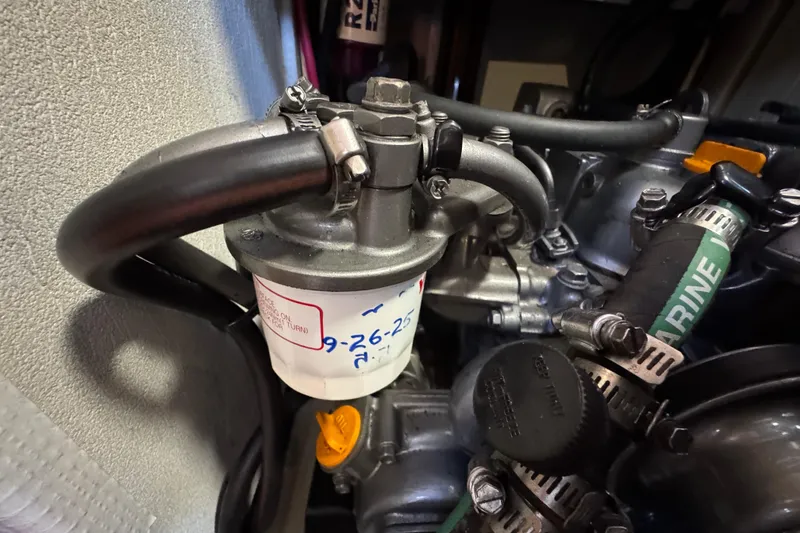 Fuel filter system in a 2004 Hunter 41 Aft Cockpit sailboat engine compartment.