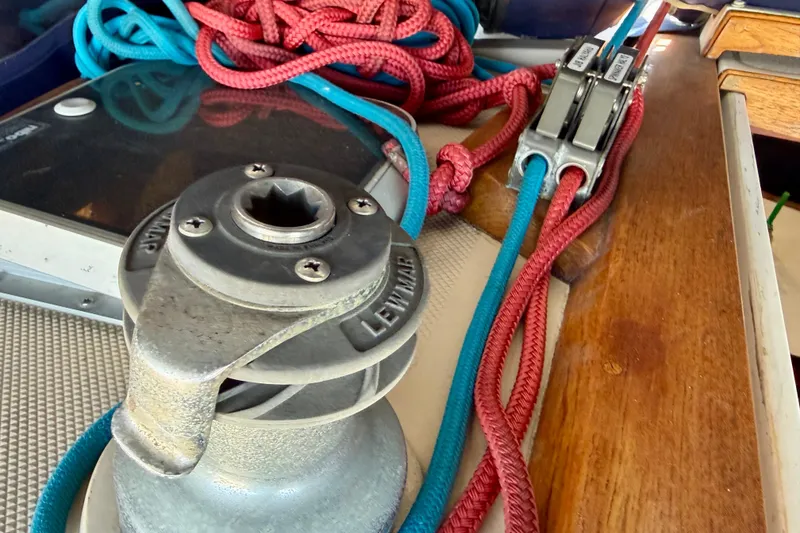 Winch and ropes on a 1988 Catalina 34 sailboat deck.