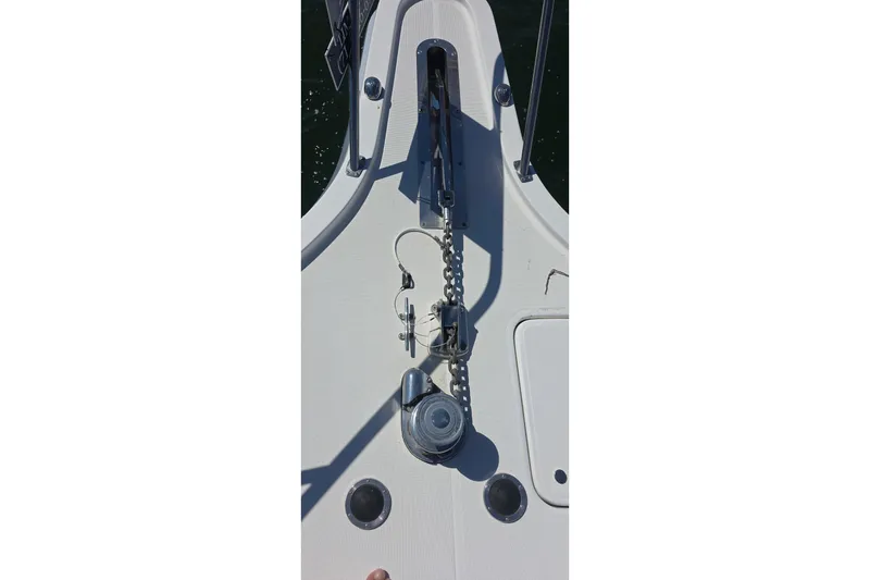 Bow of 2004 Tiara Yachts 4000 Express with anchor chain and winch system.