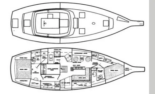 Floor plan of 1981 Endeavour 43 Center Cockpit Ketch sailboat, showing interior layout and deck.