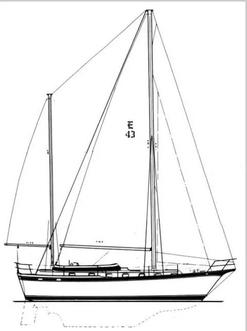 Line drawing of a 1981 Endeavour 43 Center Cockpit Ketch sailboat.