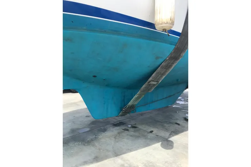 Bottom view of 1981 Endeavour 43 Center Cockpit Ketch hull with blue paint.