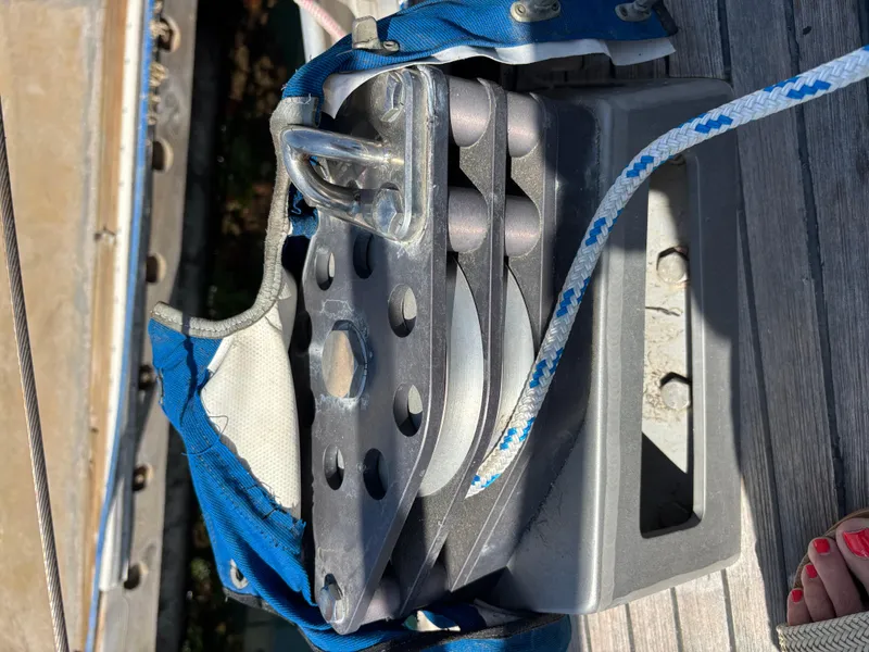 Pulley system on 1994 Nautor Swan 46 MK II sailboat deck.