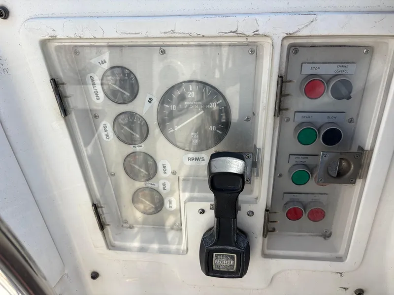 Control panel of a 1994 Nautor Swan 46 MK II yacht with gauges and switches.