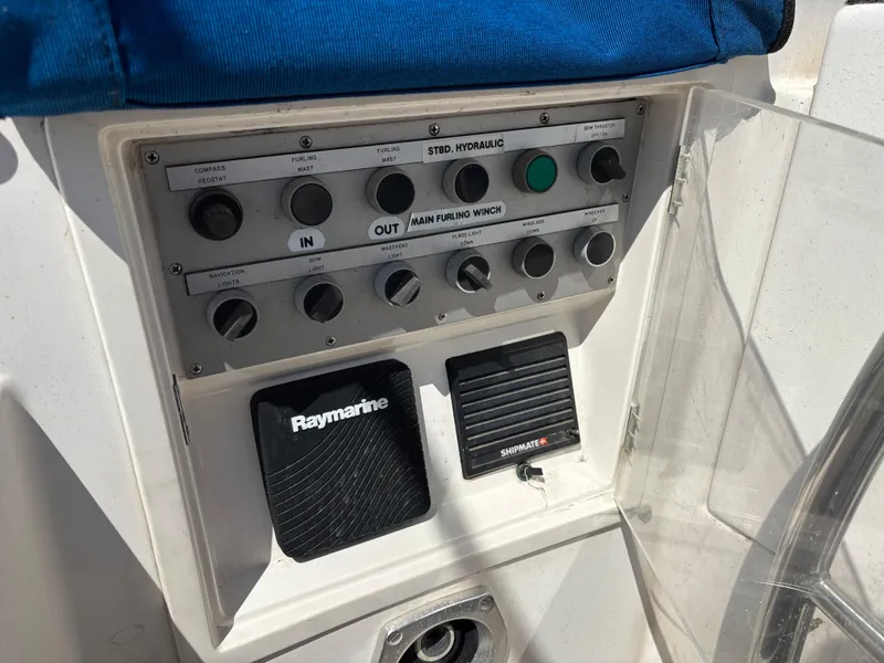 Control panel of a 1994 Nautor Swan 46 MK II yacht with Raymarine equipment.