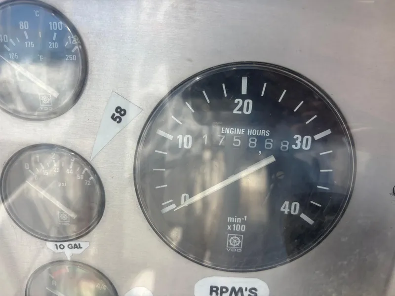 Close-up of Nautor Swan 46 MK II 1994 engine hour meter showing 7586.8 hours.