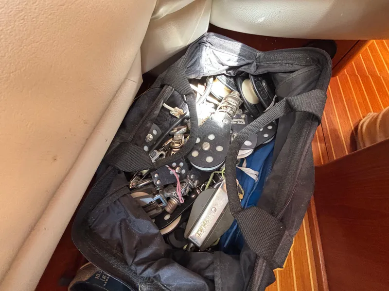 Bag of sailing equipment on Nautor Swan 46 MK II, 1994 yacht interior.