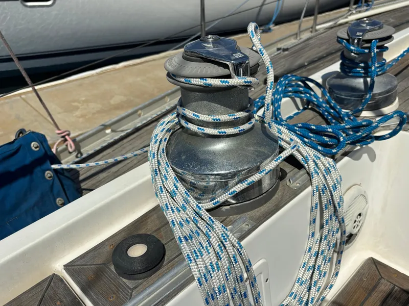Winch and ropes on 1994 Nautor Swan 46 MK II sailboat deck.