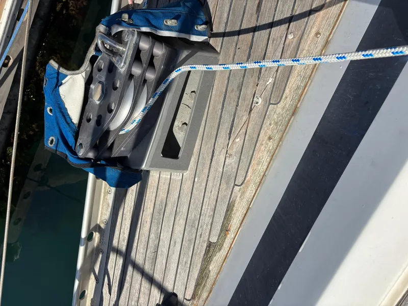 Deck detail of 1994 Nautor Swan 46 MK II sailboat with rope and pulley system.