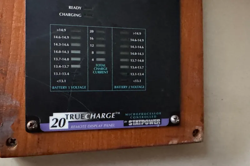 TrueCharge 20 remote display panel on 1989 Ericson Sloop, showing battery voltage levels.