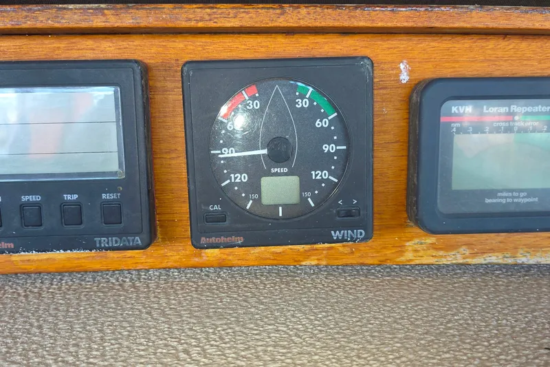 Instrumentation panel of a 1978 Islander Freeport 41 sailboat, featuring wind and navigation gauges.