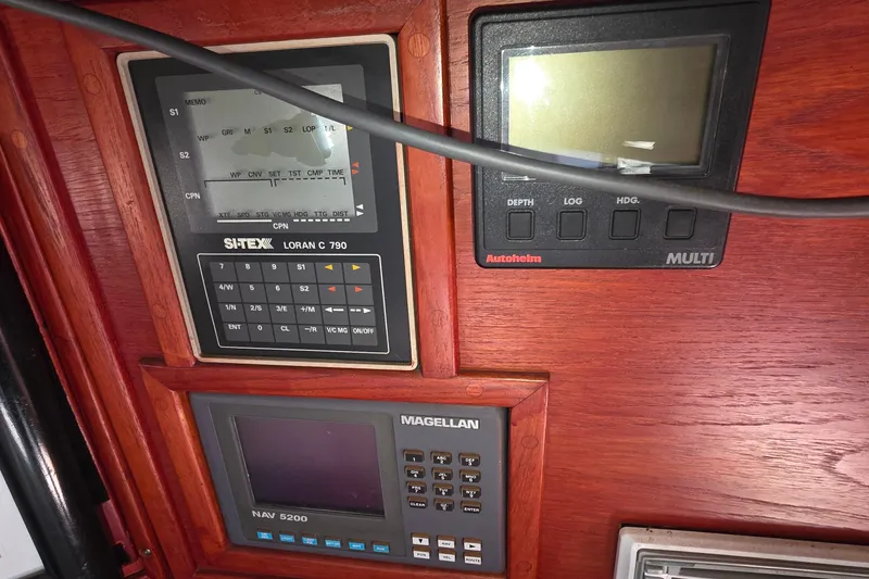 Navigation instruments on a 1978 Islander Freeport 41 yacht dashboard.