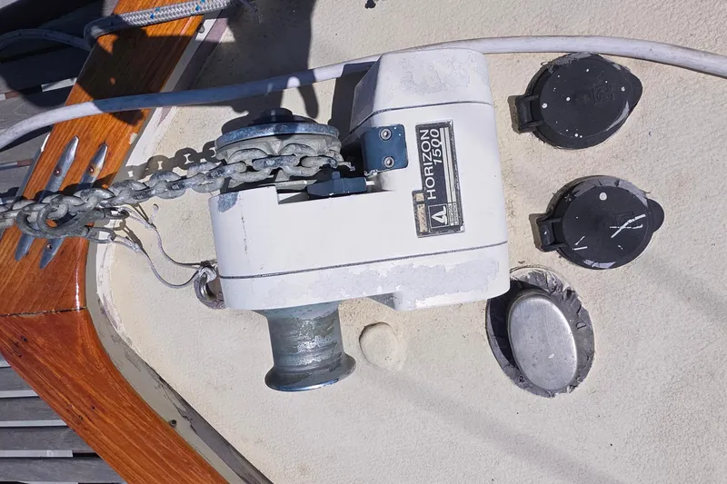 Anchor windlass on 1978 Islander Freeport 41 sailboat deck.