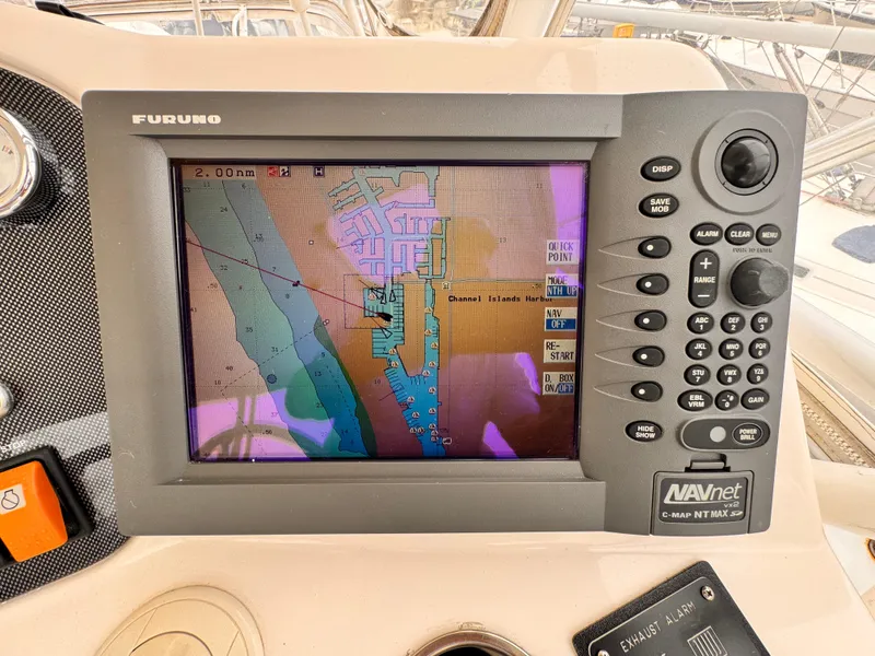 Furuno navigation system on 2004 Riviera 47 Flybridge displaying a detailed nautical chart.