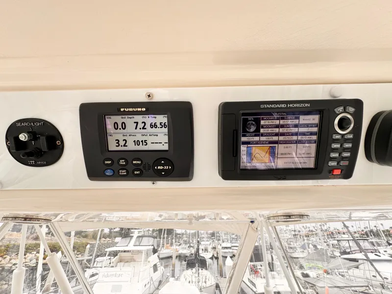 Control panel of a 2004 Riviera 47 Flybridge with navigation instruments.