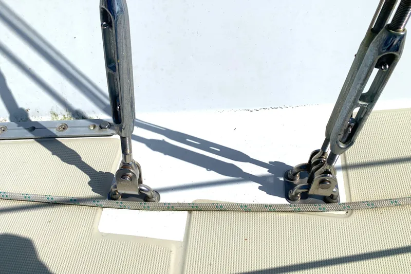 Close-up of 1984 Ericson 30 Plus sailboat rigging and deck fittings.