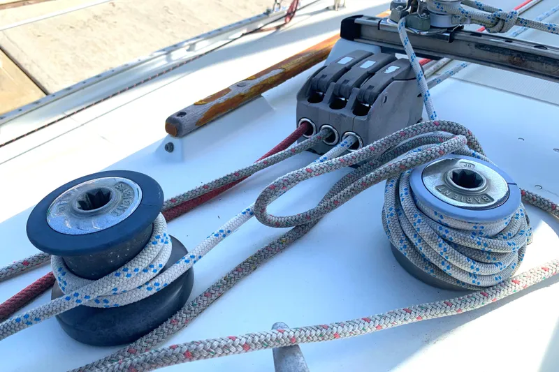 Close-up of sailing ropes and winches on a 1984 Ericson 30 Plus yacht.